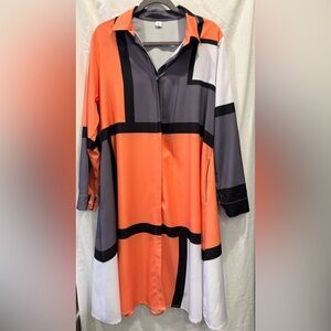 Orange and Gray Geometric Long Sleeve Dress